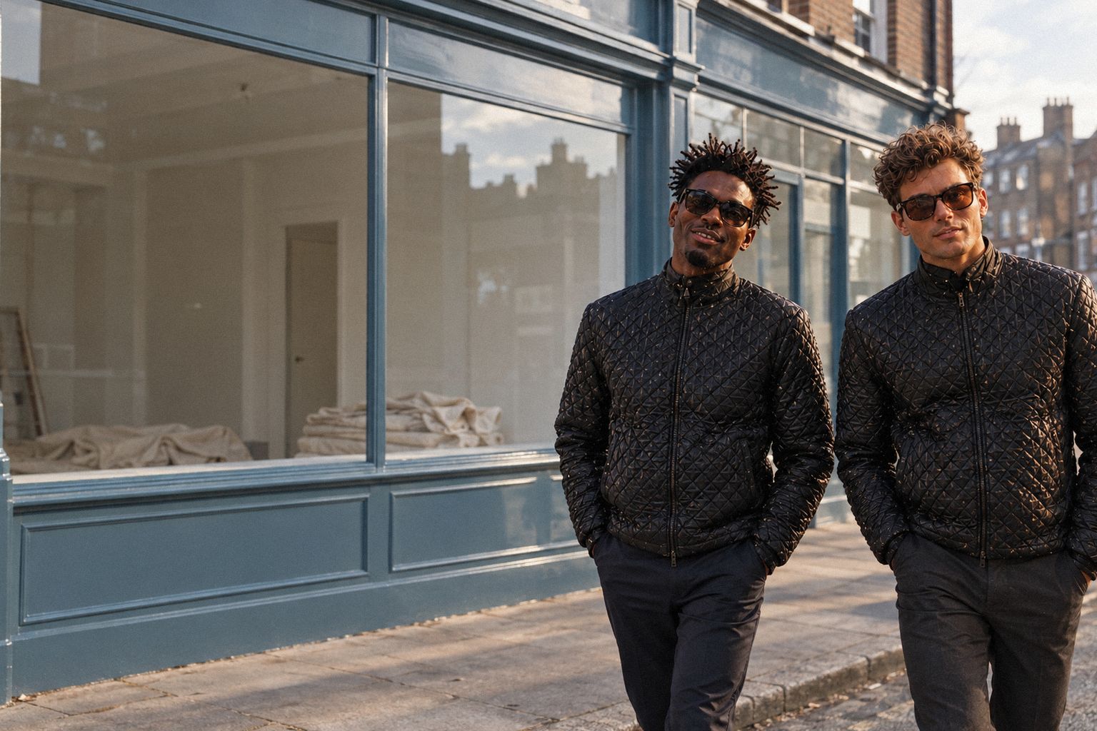 The two WolfX characters walk past a freshly painted, empty shopfront in the morning.