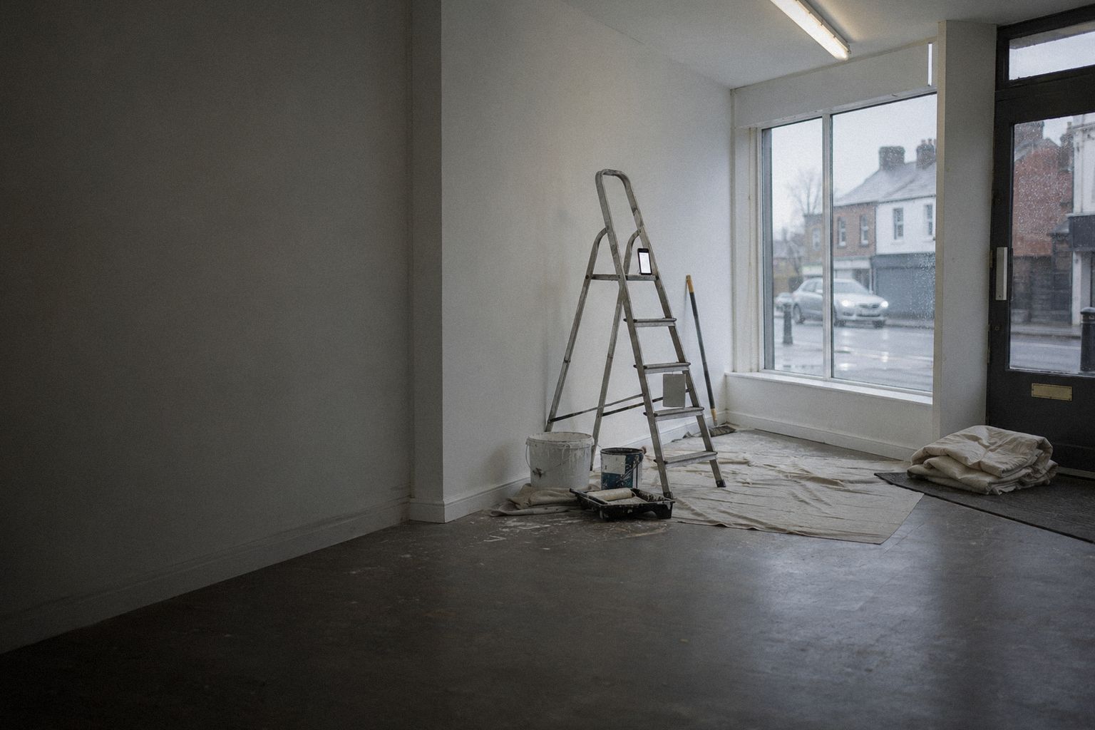 A freshly painted shop unit at 7.30am, a ladder against the wall and dust sheets by the door.