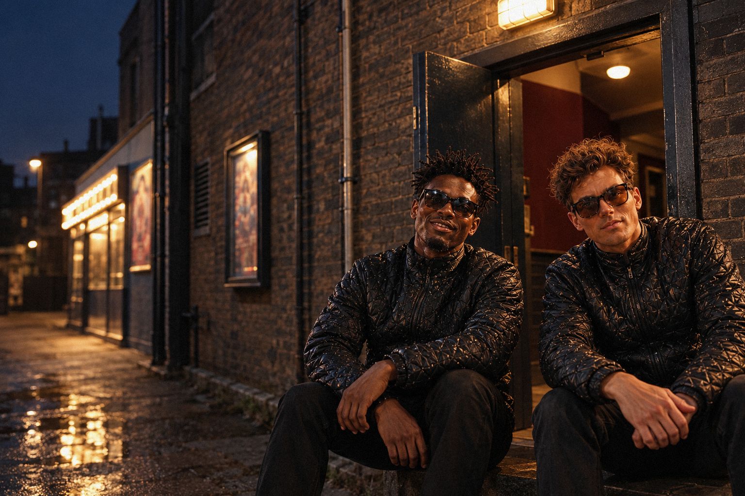The two WolfX characters leave a small cinema by its side exit at night.