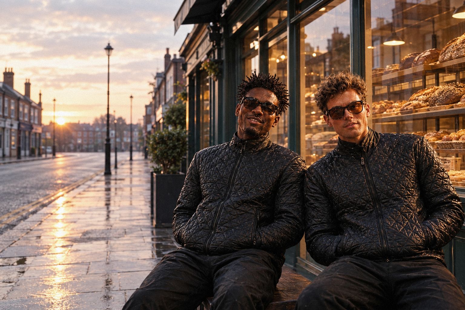 The two WolfX characters walk past a lit bakery window on an empty street at dawn.