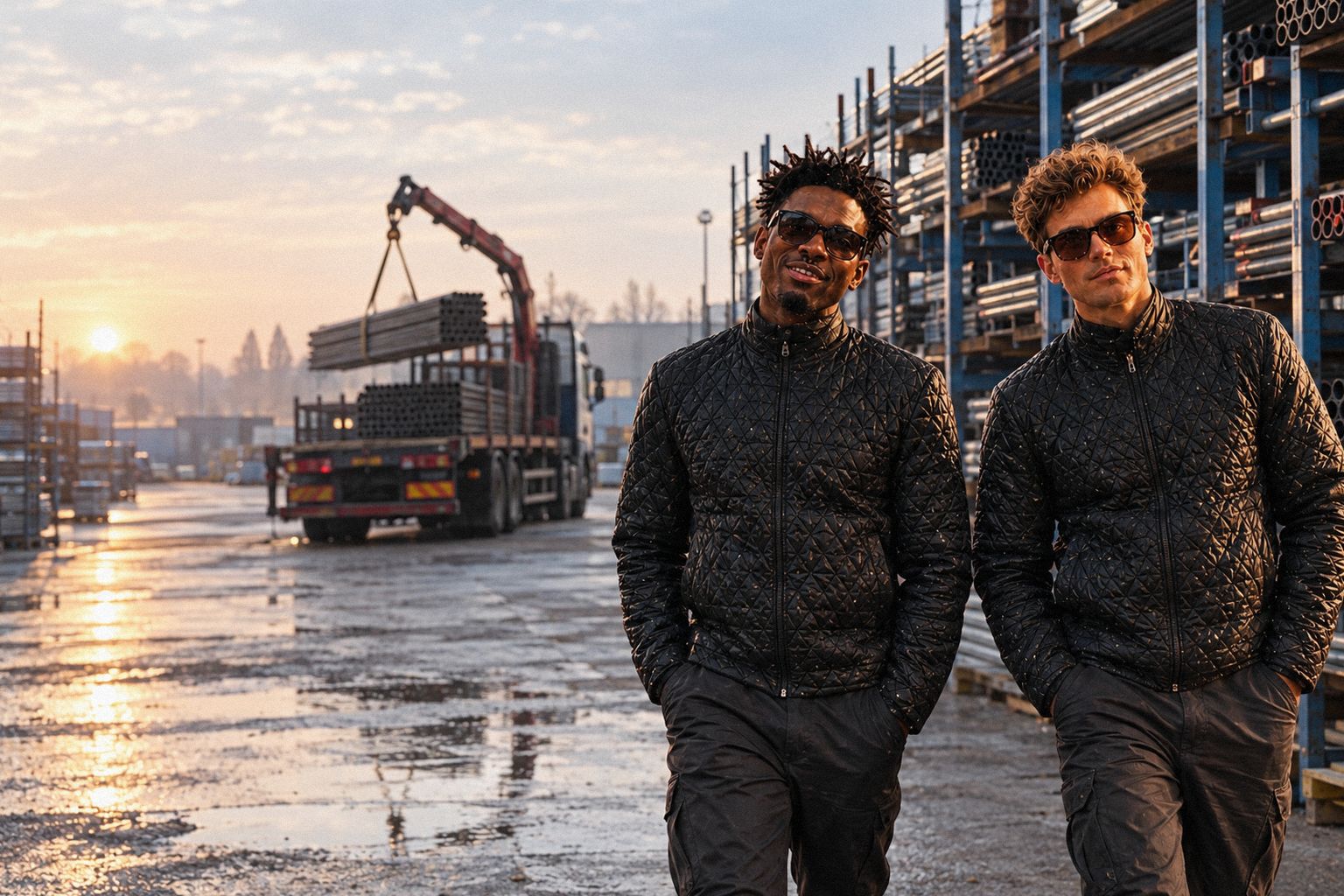 The two WolfX characters walk through a scaffold yard at dawn between racks of tube.