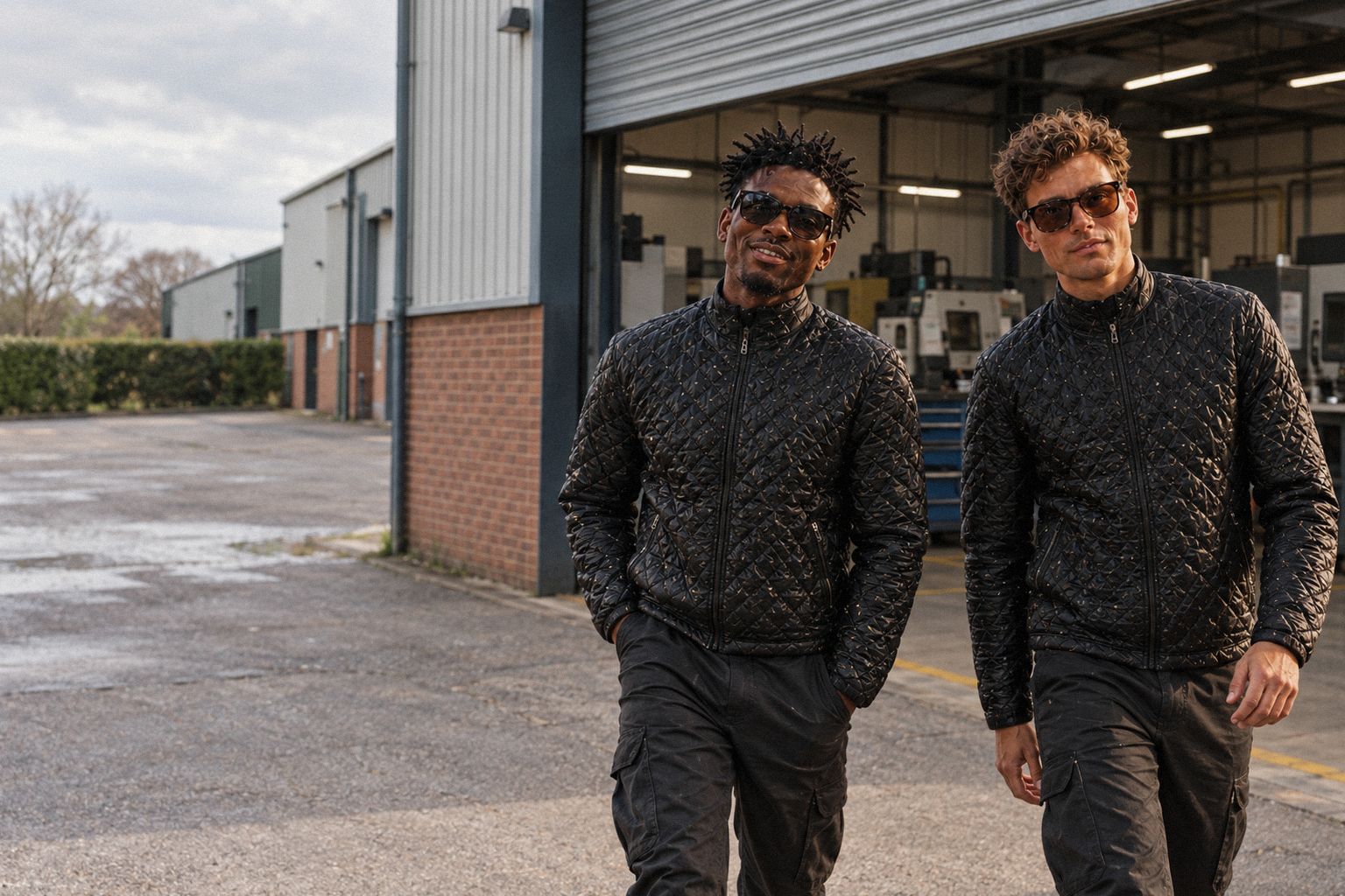 The two WolfX characters walk out of a machine shop onto a trading estate at lunchtime.