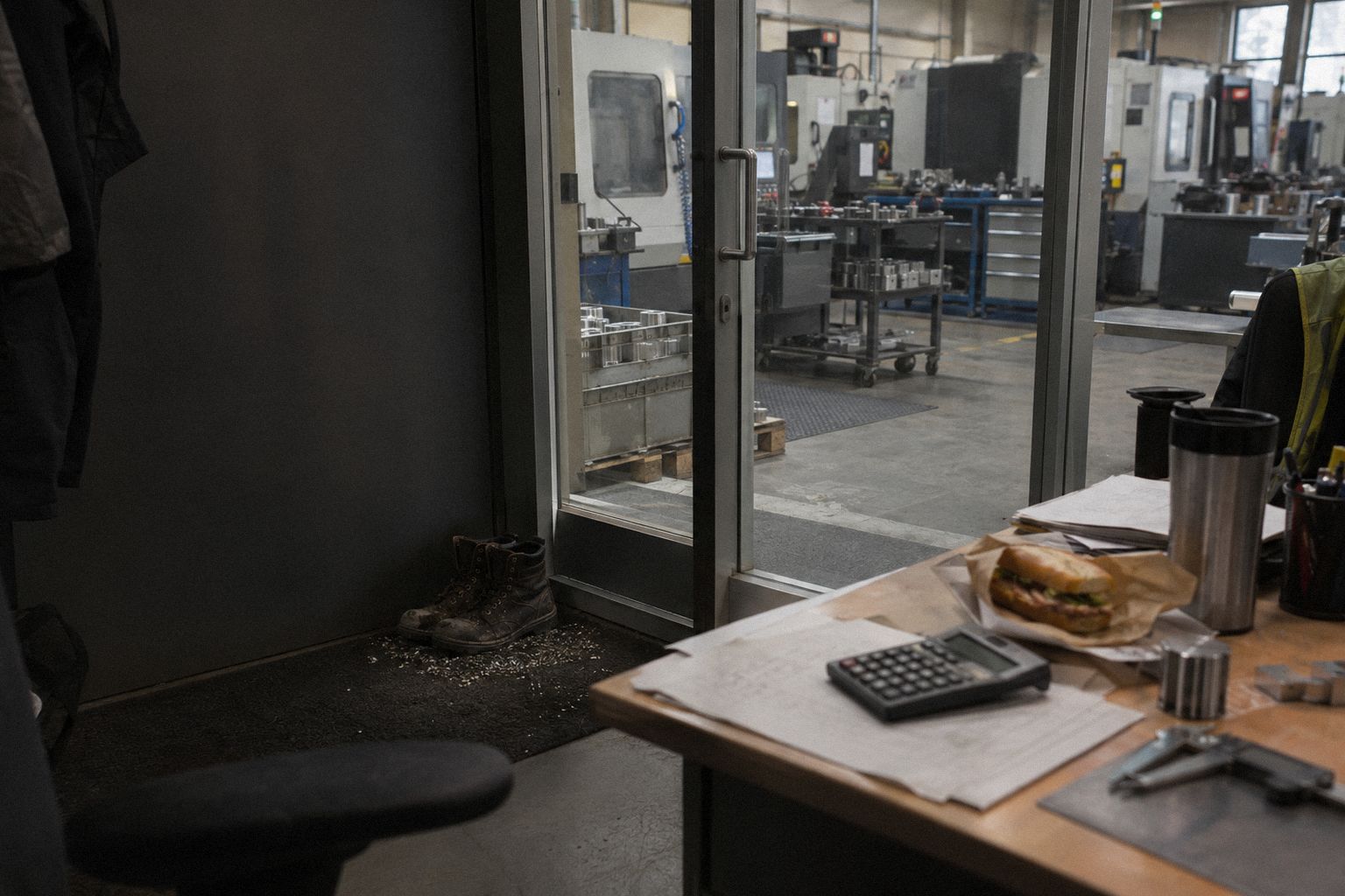 A machine shop's office at lunchtime, the machines visible through the glass.