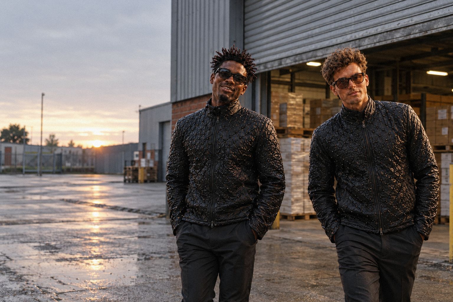 The two WolfX characters walk out of a print works at dawn.
