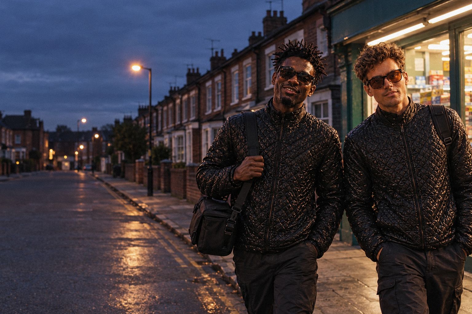 The two WolfX characters walk down a terraced street at night, one with a camera bag.