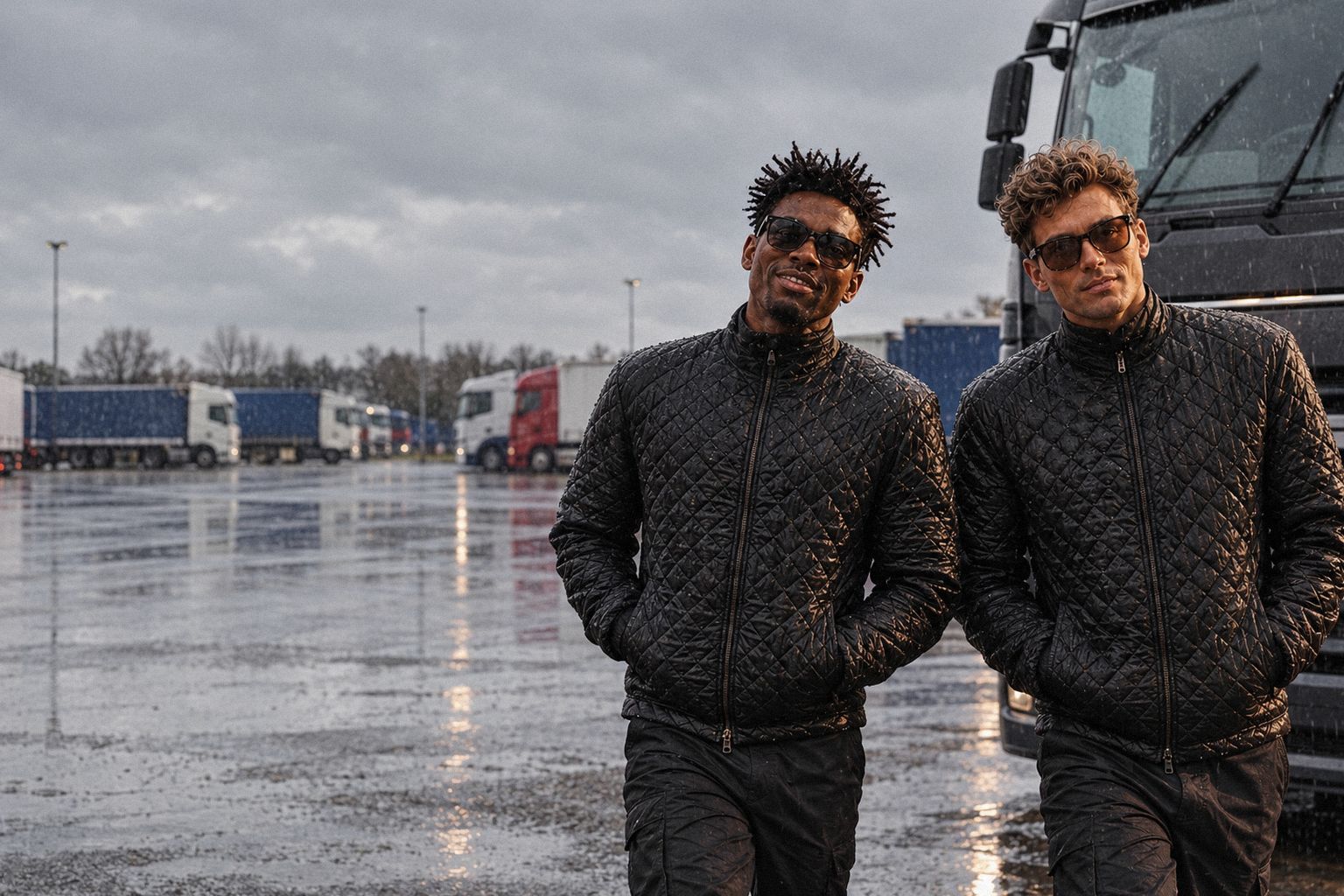 The two WolfX characters walk through a lorry park in the rain.