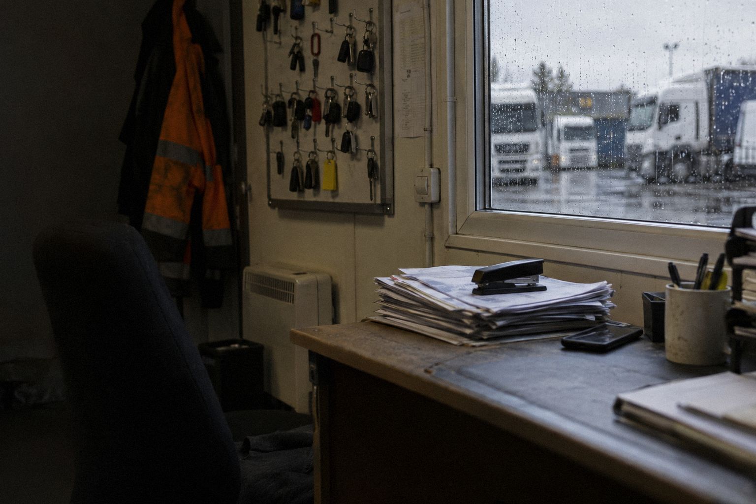A haulage portakabin at 4pm, delivery notes stacked under a stapler.