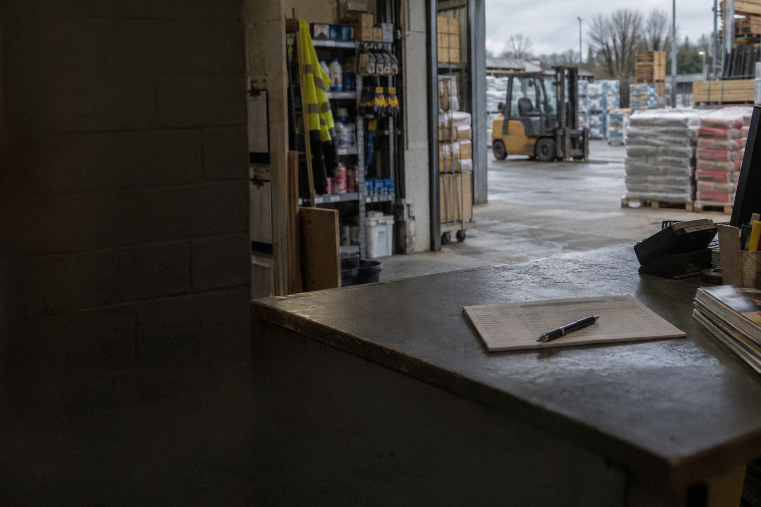 A builders' merchant's counter at 8.15am, a forklift idling in the yard behind.