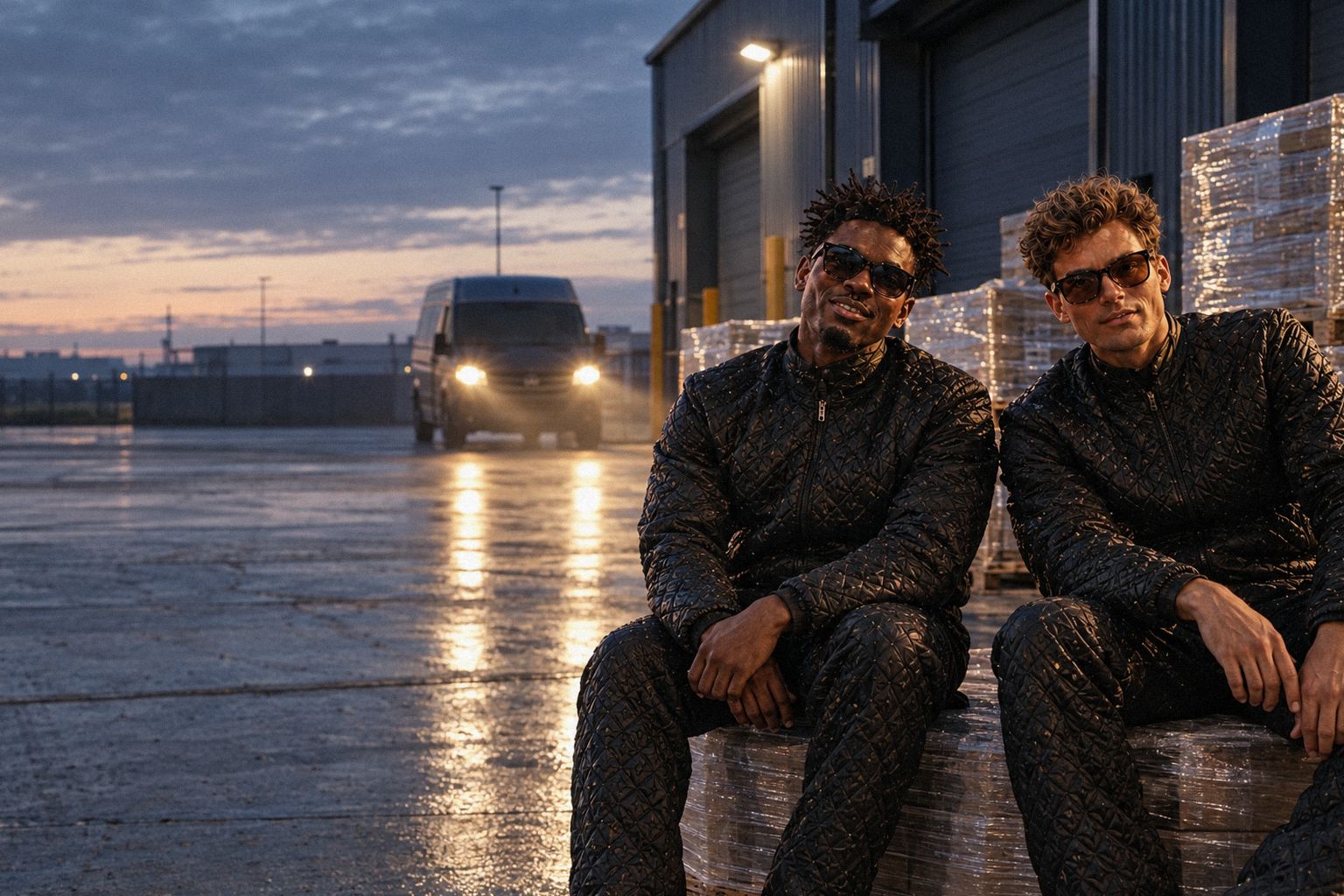 The two WolfX characters walk along a loading bay at dawn, lit by a van's headlights.