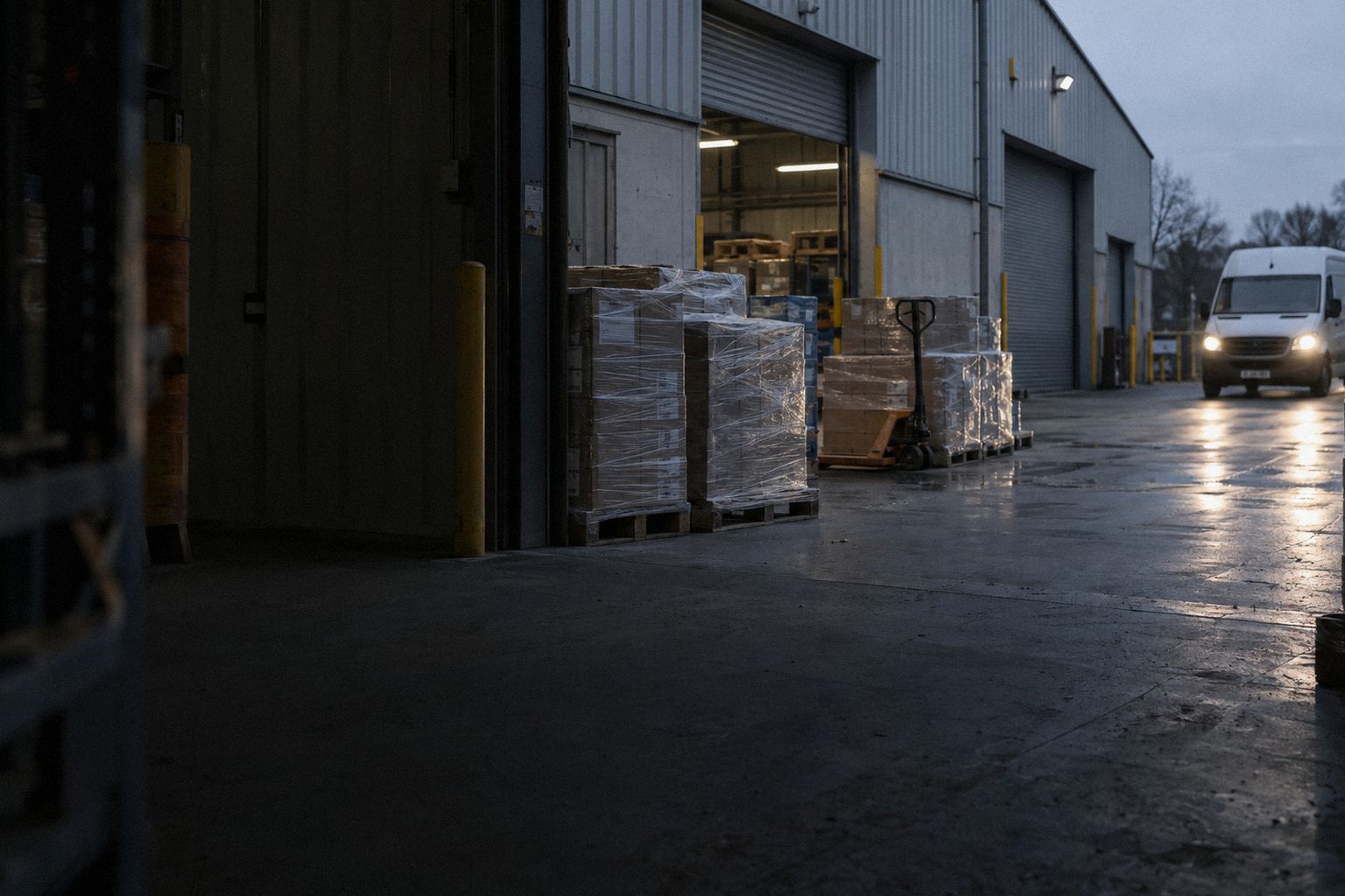 A loading bay at 5.30am, shrink-wrapped pallets lit by a van's headlights.