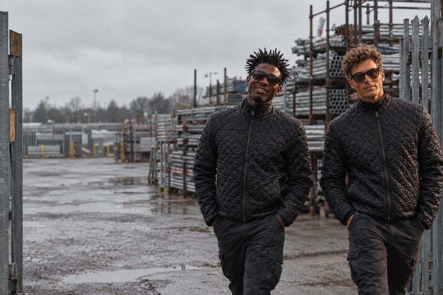 The two WolfX characters walk out of a scaffolder's yard in grey morning light.