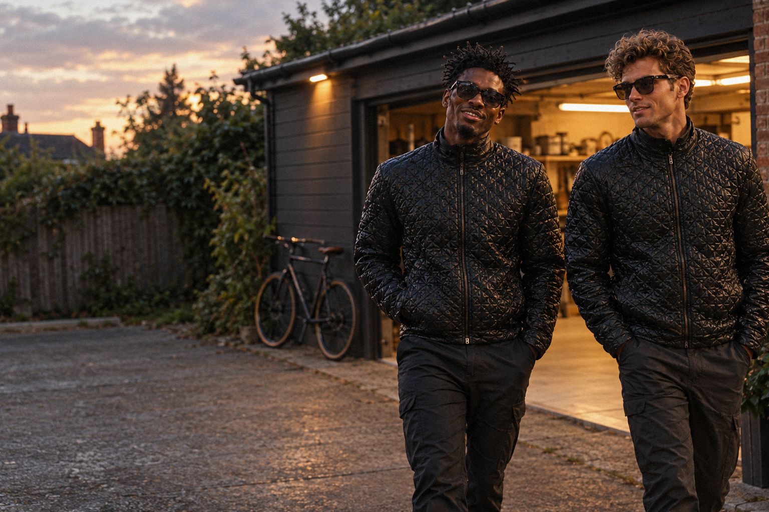 The two WolfX characters walk down a driveway past a lit garage in the evening.