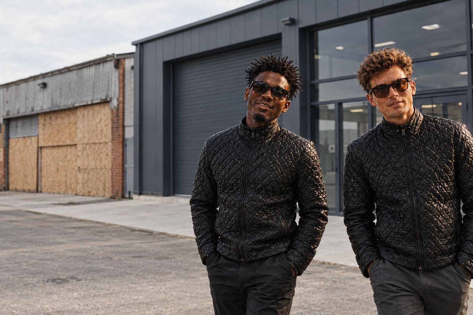 The two WolfX characters walk past a new unit beside a boarded-up one.