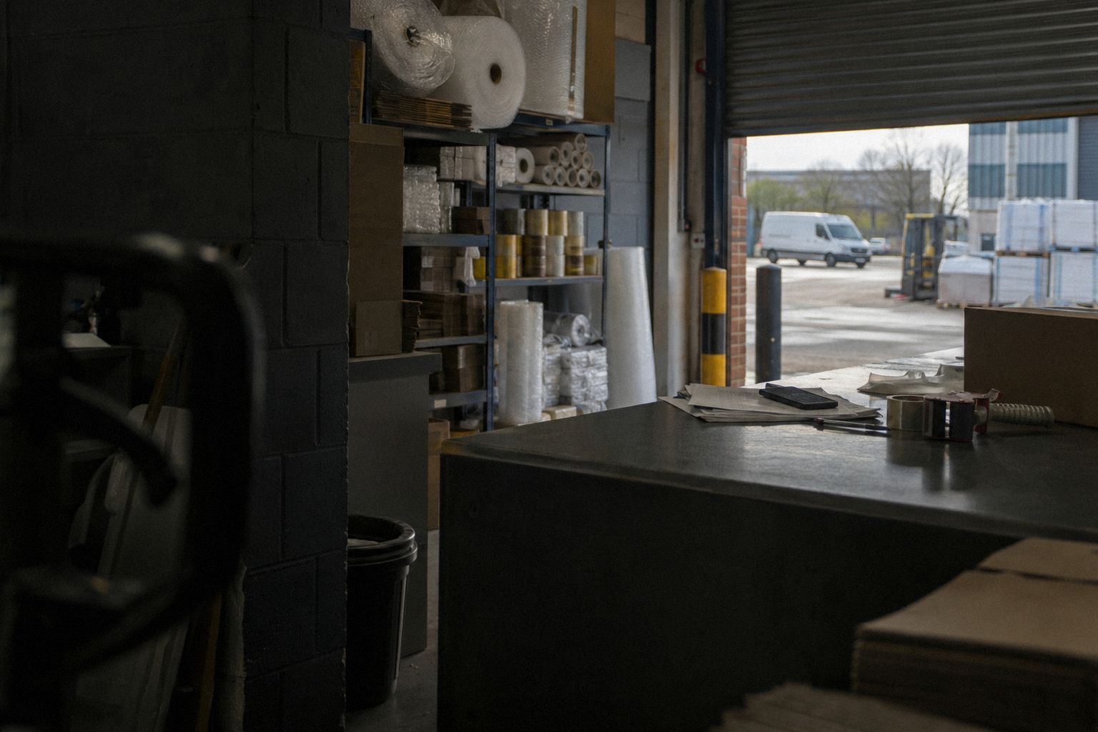 A packaging trade counter at ten to five on a Friday, the shutter half down.
