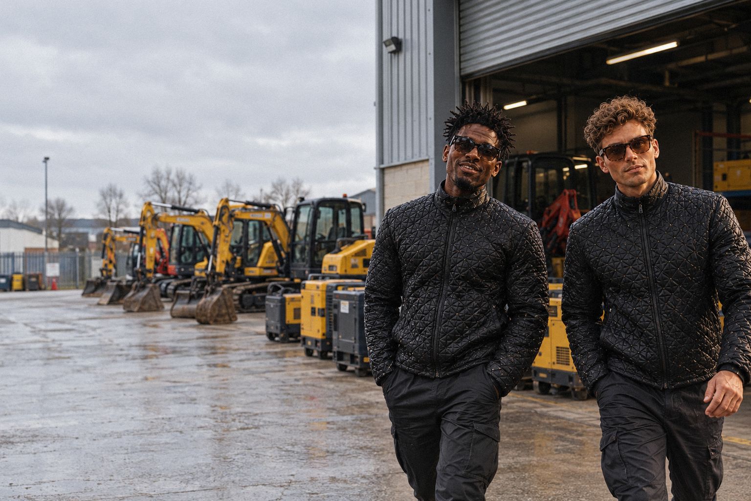 The two WolfX characters walk past generators in an equipment-hire depot in the morning.