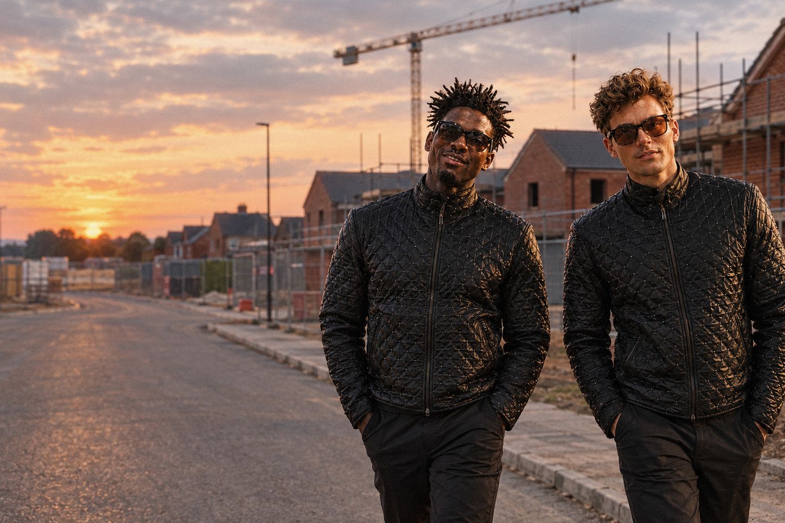 The two WolfX characters walk along a new-build estate road at dusk.