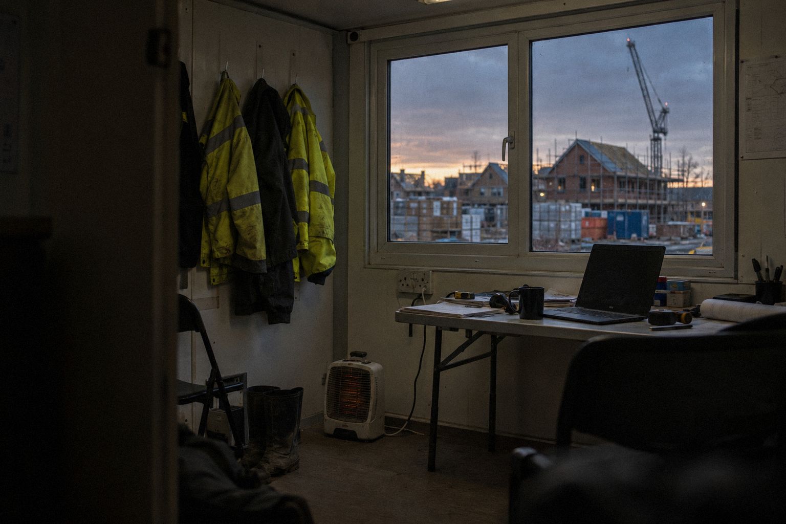 A site cabin at dusk, half-built houses and a crane through the window.
