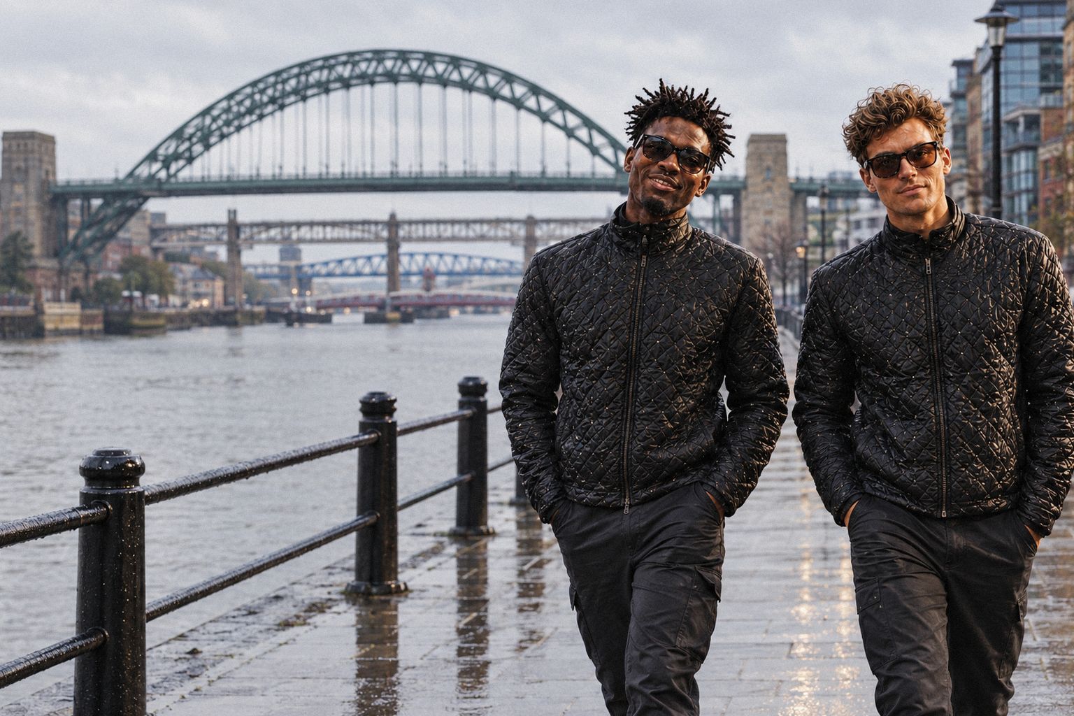 The two WolfX characters walk along the Newcastle Quayside on a wet morning.