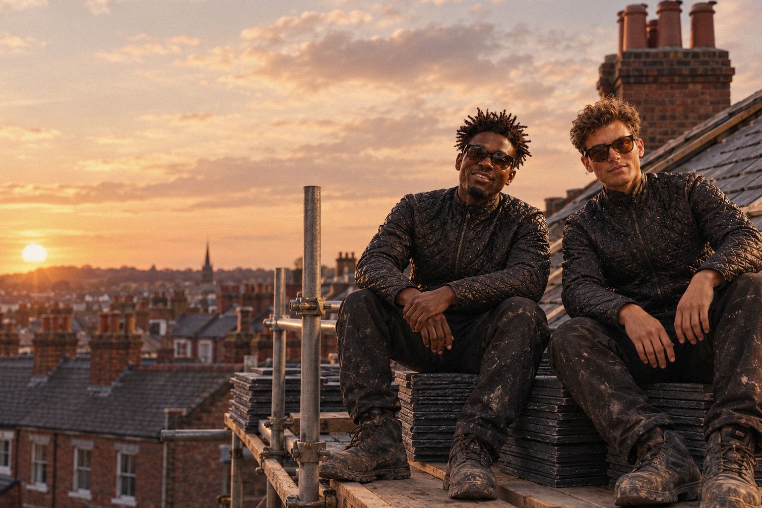 The two WolfX characters stand on a roof scaffold at the end of the day.