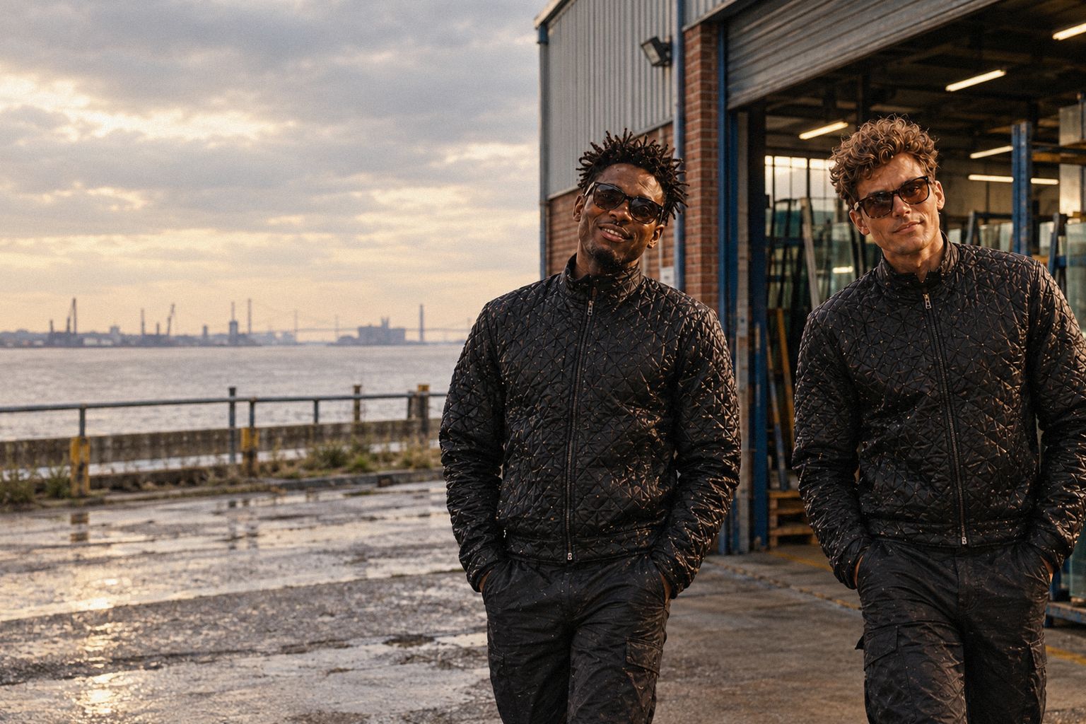 The two WolfX characters walk past a glazing workshop at the end of a shift.