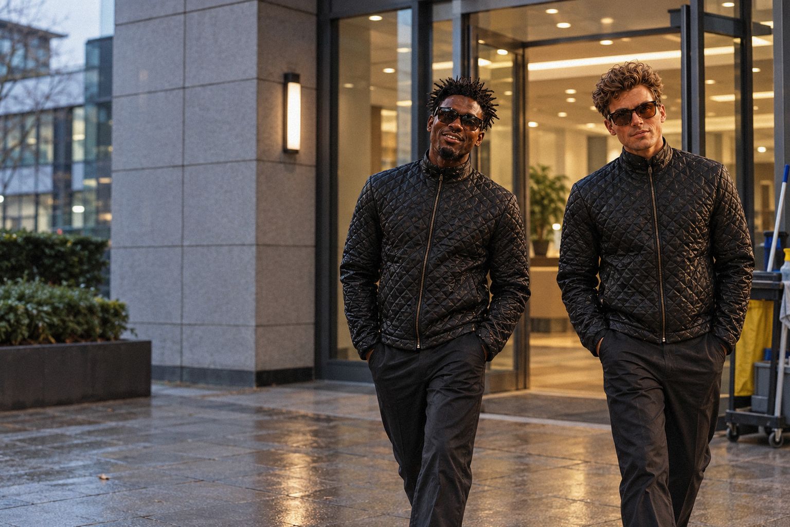 The two WolfX characters leave a business centre in the evening.