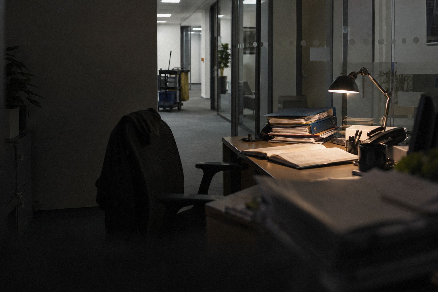 An office in a business centre at 7pm, a cleaner's trolley in the corridor.