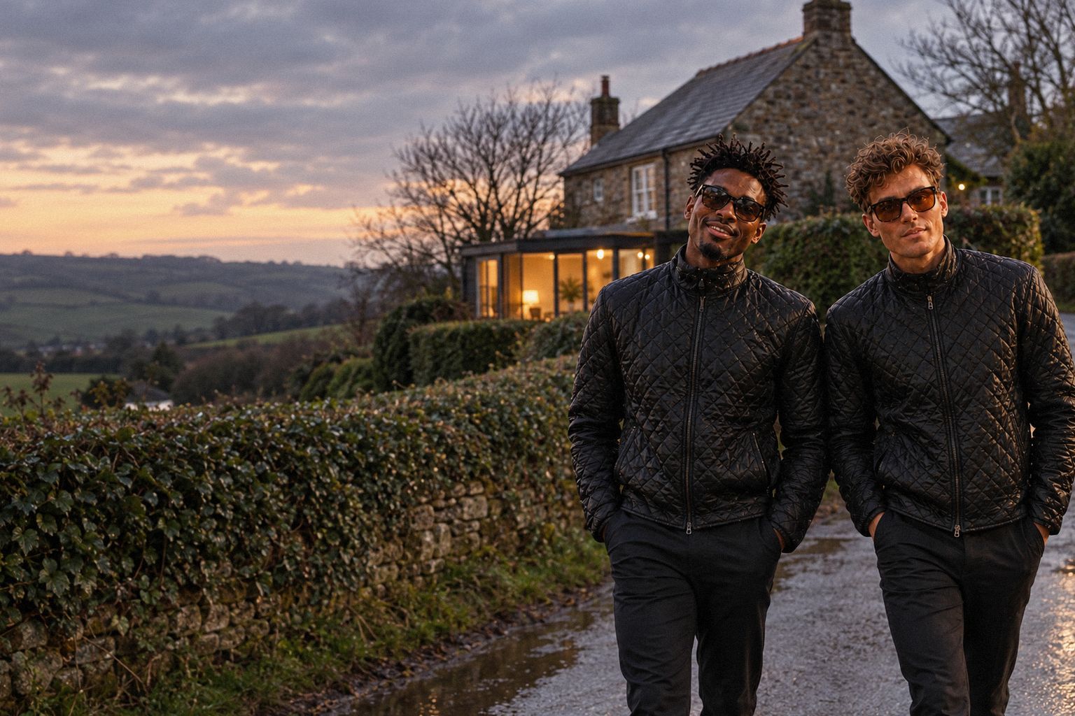 The two WolfX characters walk along a wet Devon lane on a January evening.