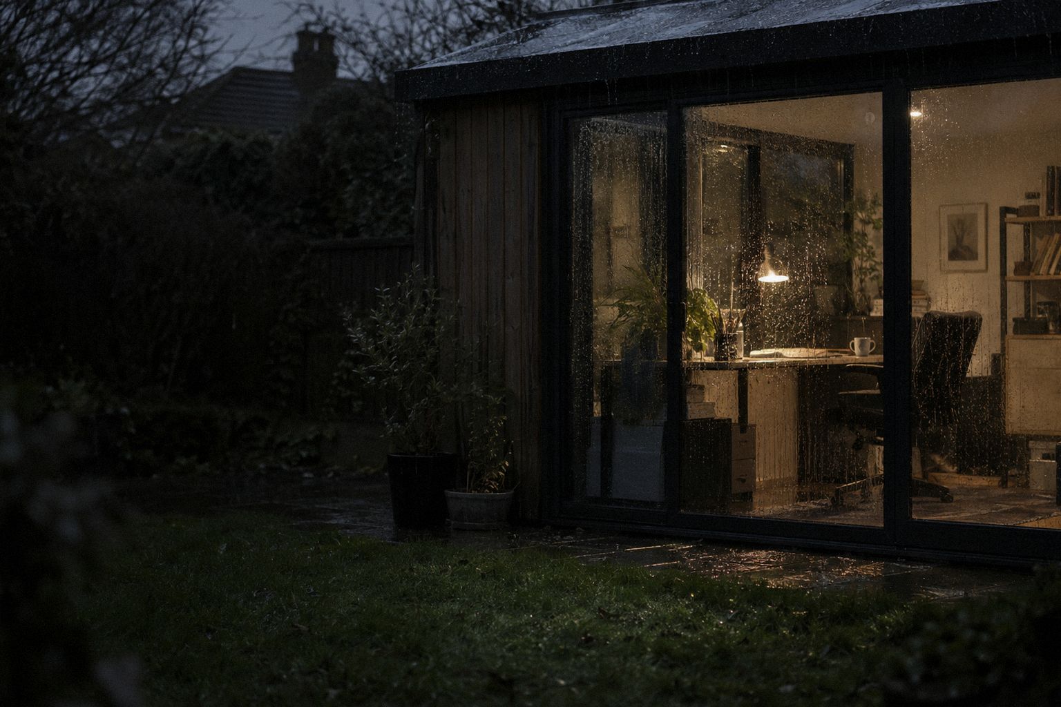 A garden office seen from outside on a rainy January evening, one lamp on.