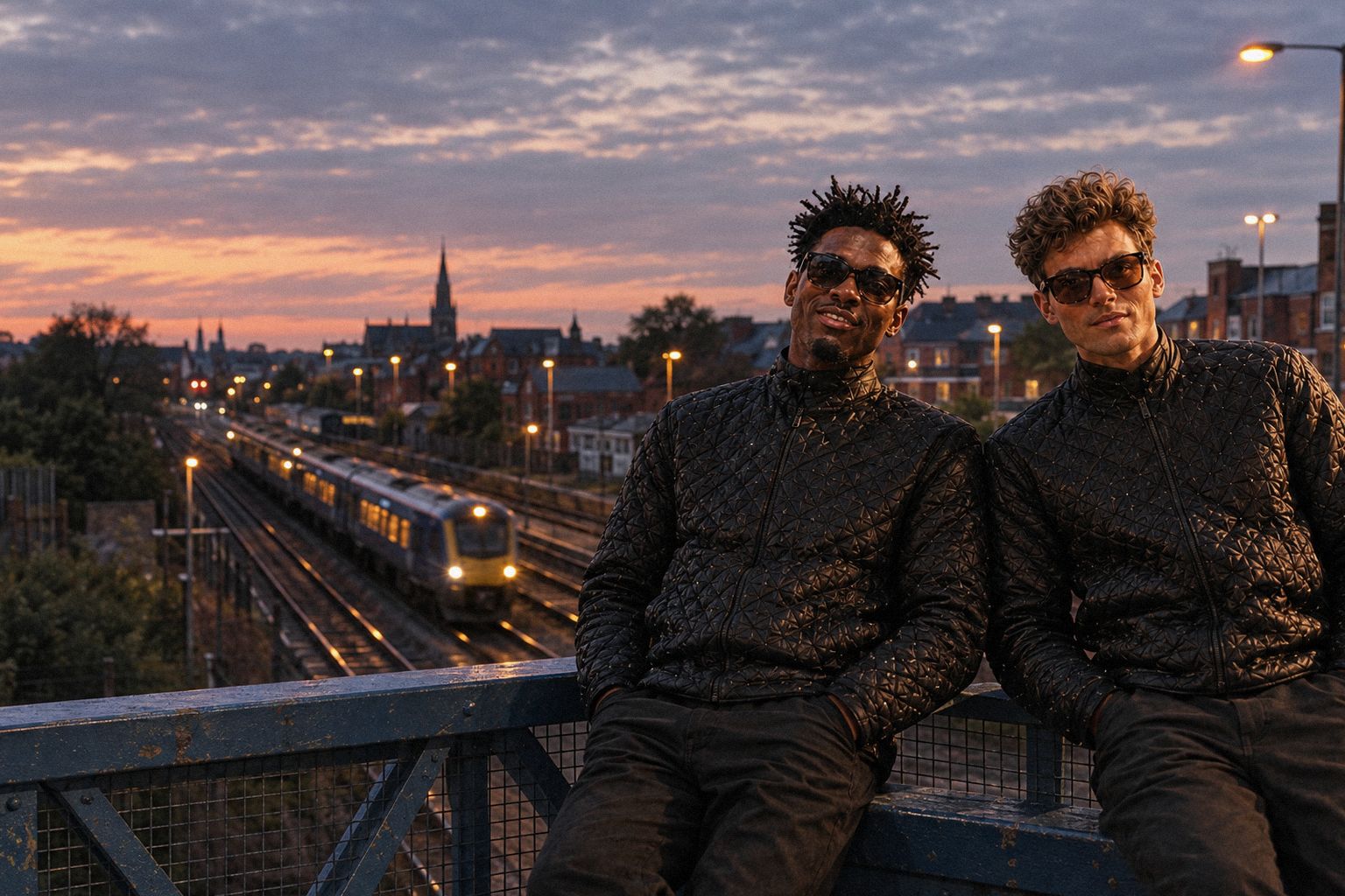 The two WolfX characters cross a railway footbridge at dusk as a train passes below.