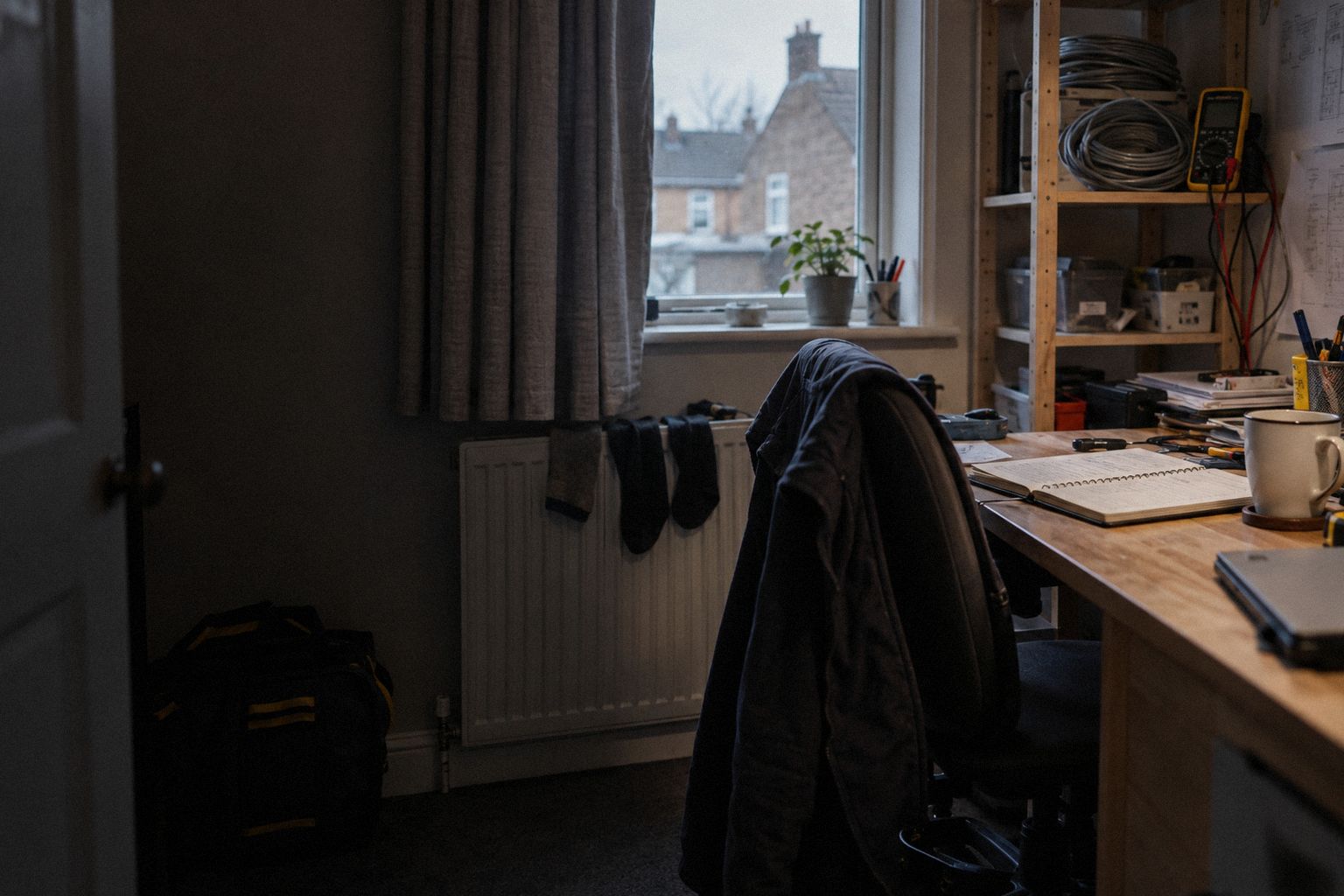 An electrician's spare-room office, a diary open and a coil of cable on the shelf.
