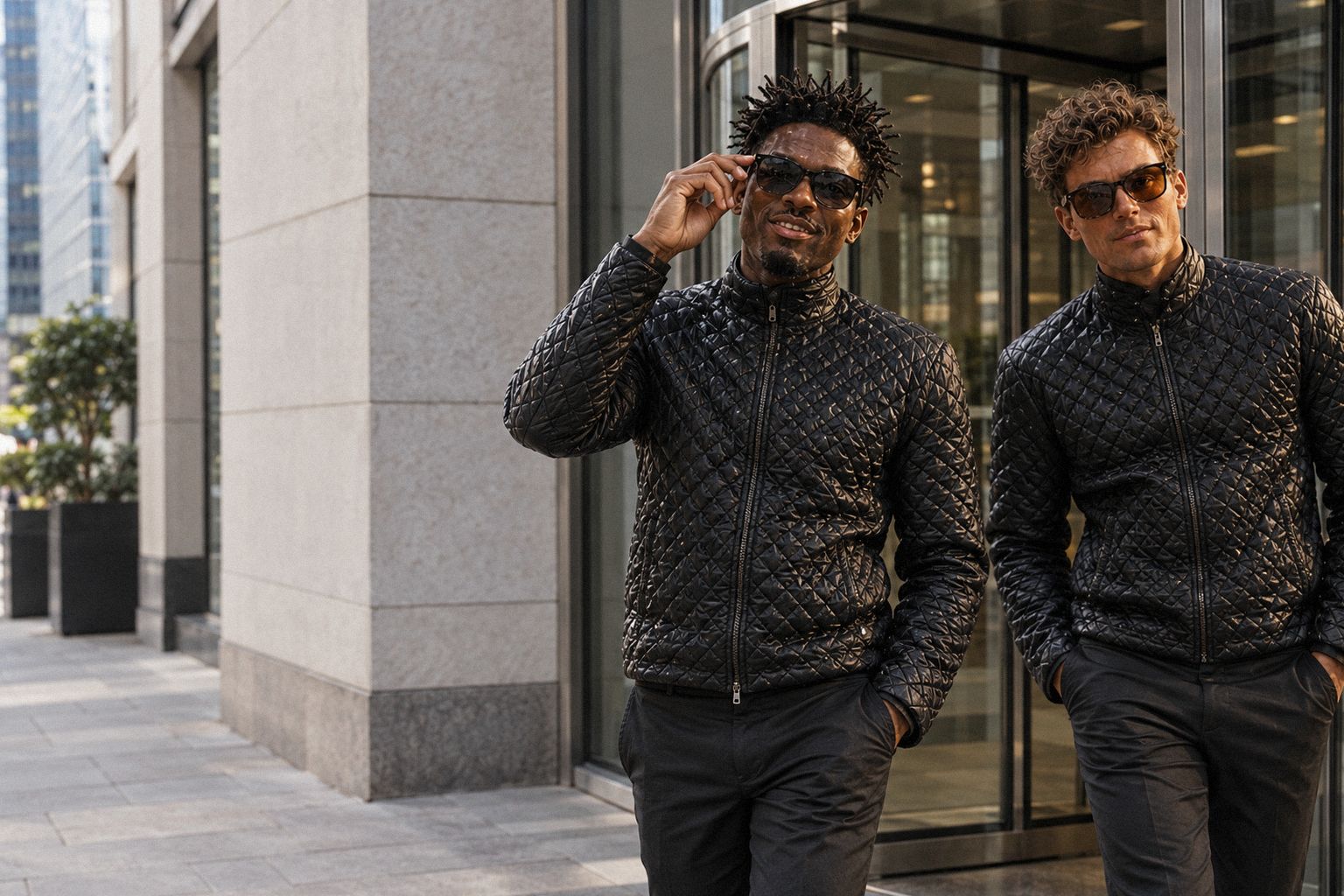 The two WolfX characters come out of an office building in the City at lunchtime.