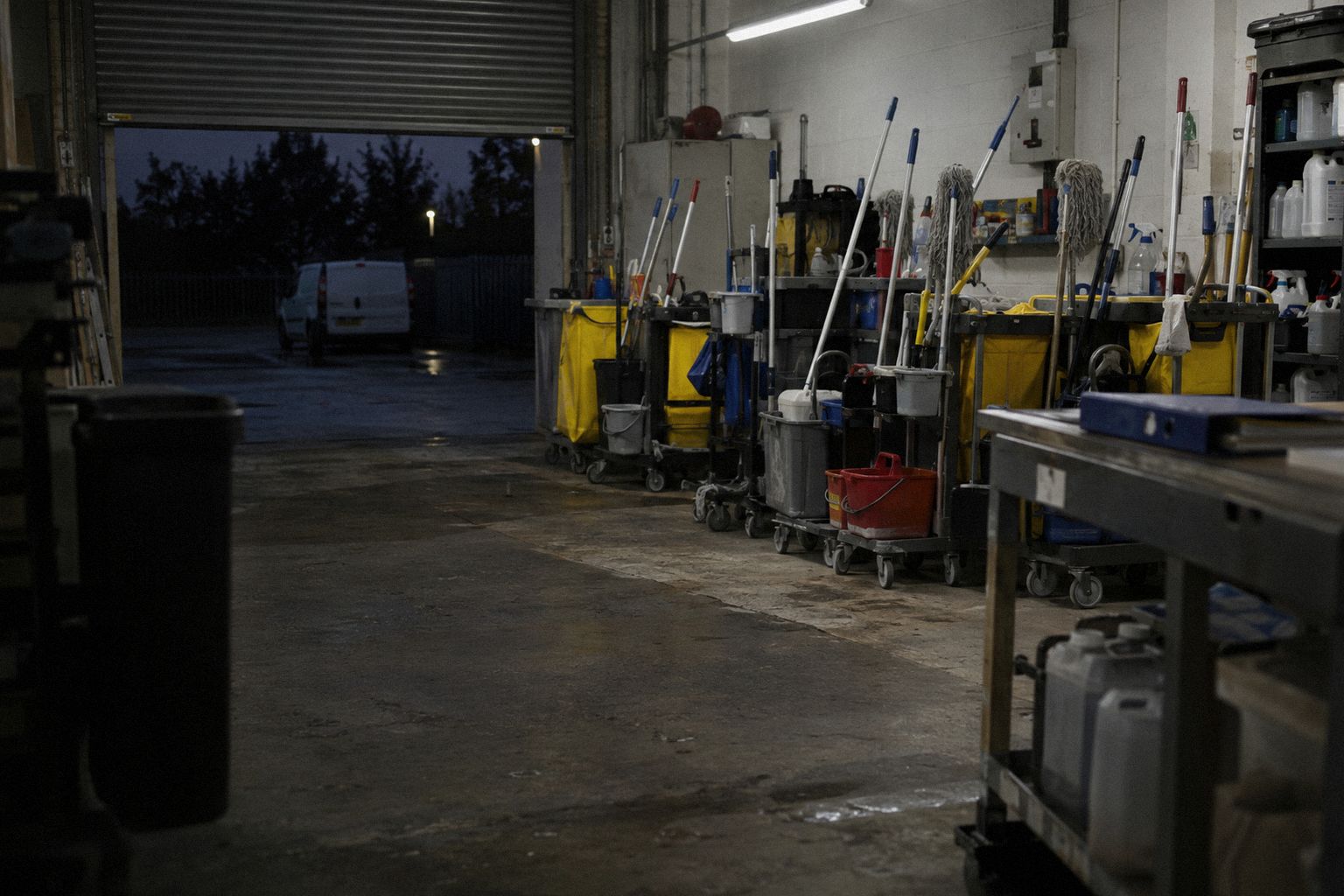 A cleaning depot at 6am, trolleys lined up and a folder on the bench.