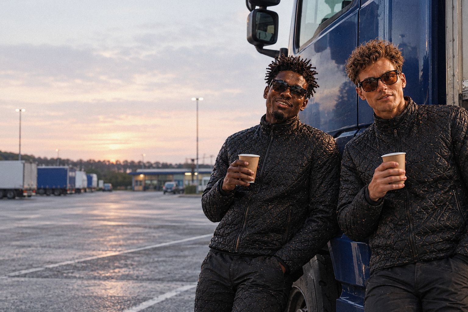 The two WolfX characters hold cups of tea beside a lorry at a motorway services at dawn.