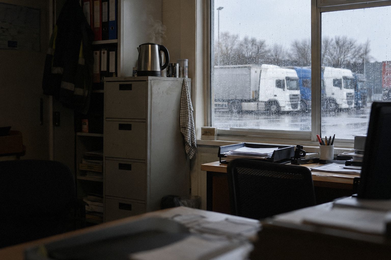 A haulier's office mid-morning, the kettle on and lorries outside the rainy window.