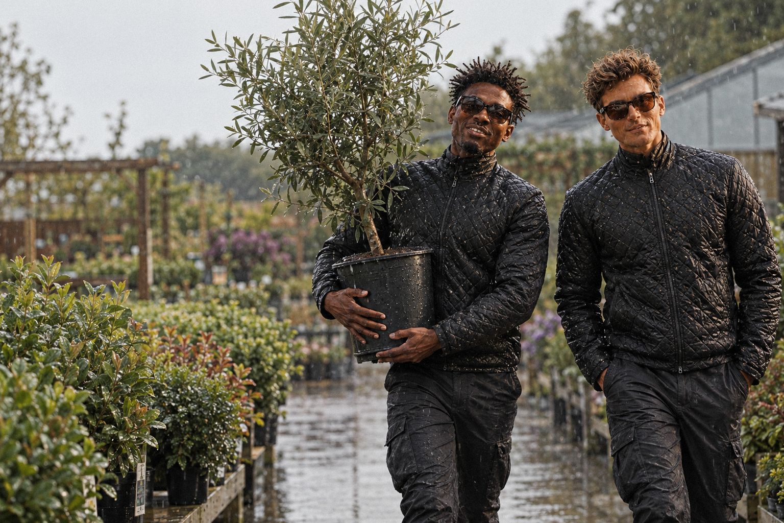 The two WolfX characters walk through a garden centre in the rain, one carrying a potted tree.