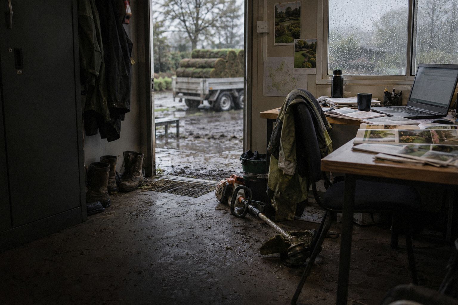A landscaper's portacabin on a wet Friday, muddy boots by the door.