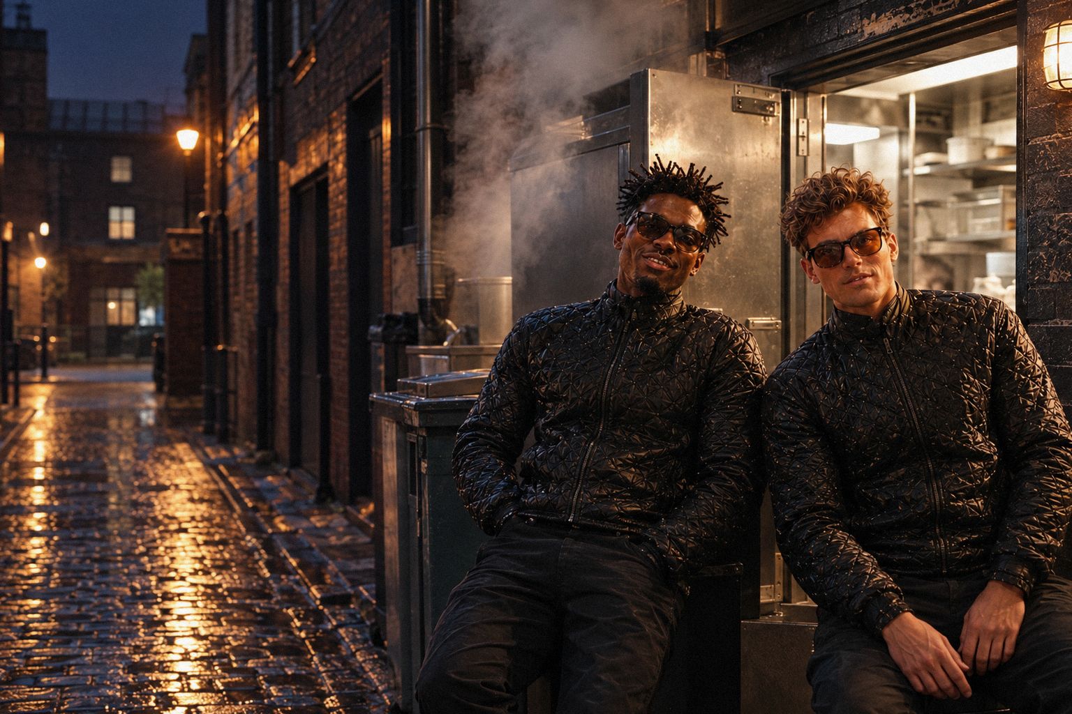 The two WolfX characters step out of a restaurant's back door into a steamy lane at night.