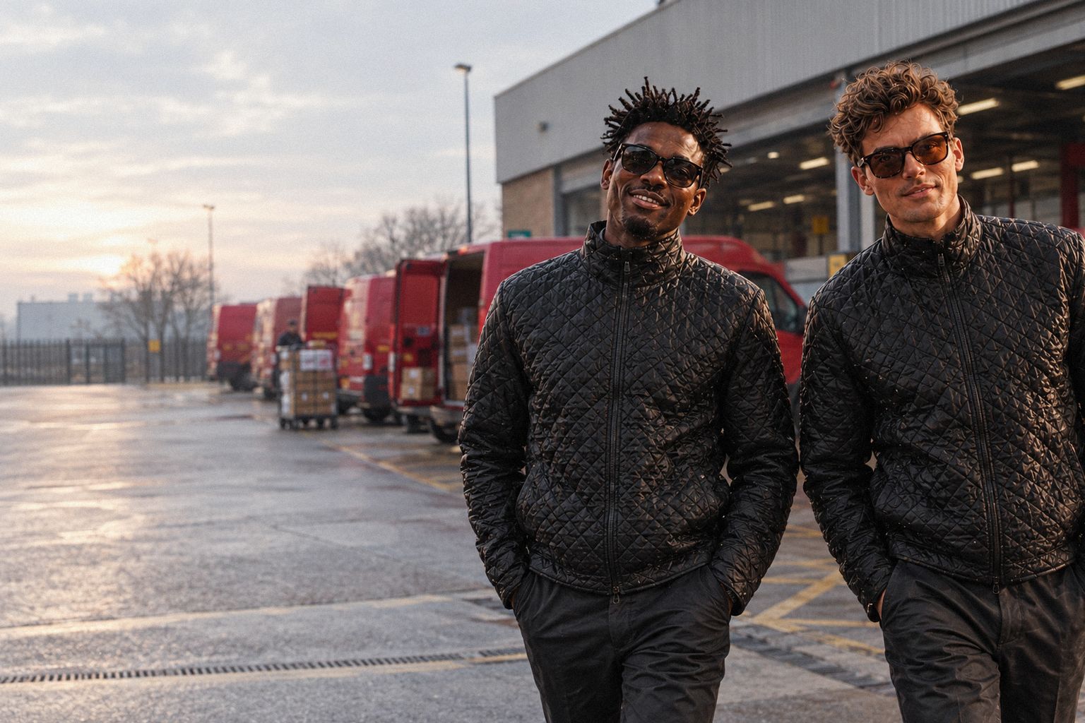 The two WolfX characters walk past red mail vans at a sorting office in the morning.