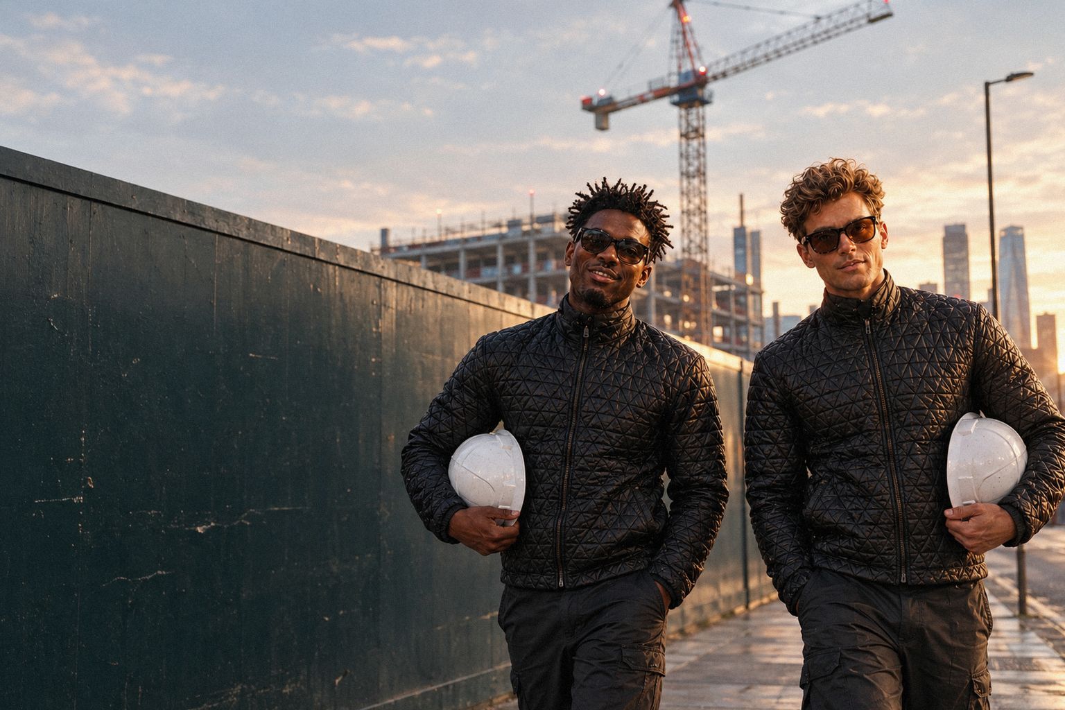 The two WolfX characters walk past a building site at first light with hard hats under their arms.