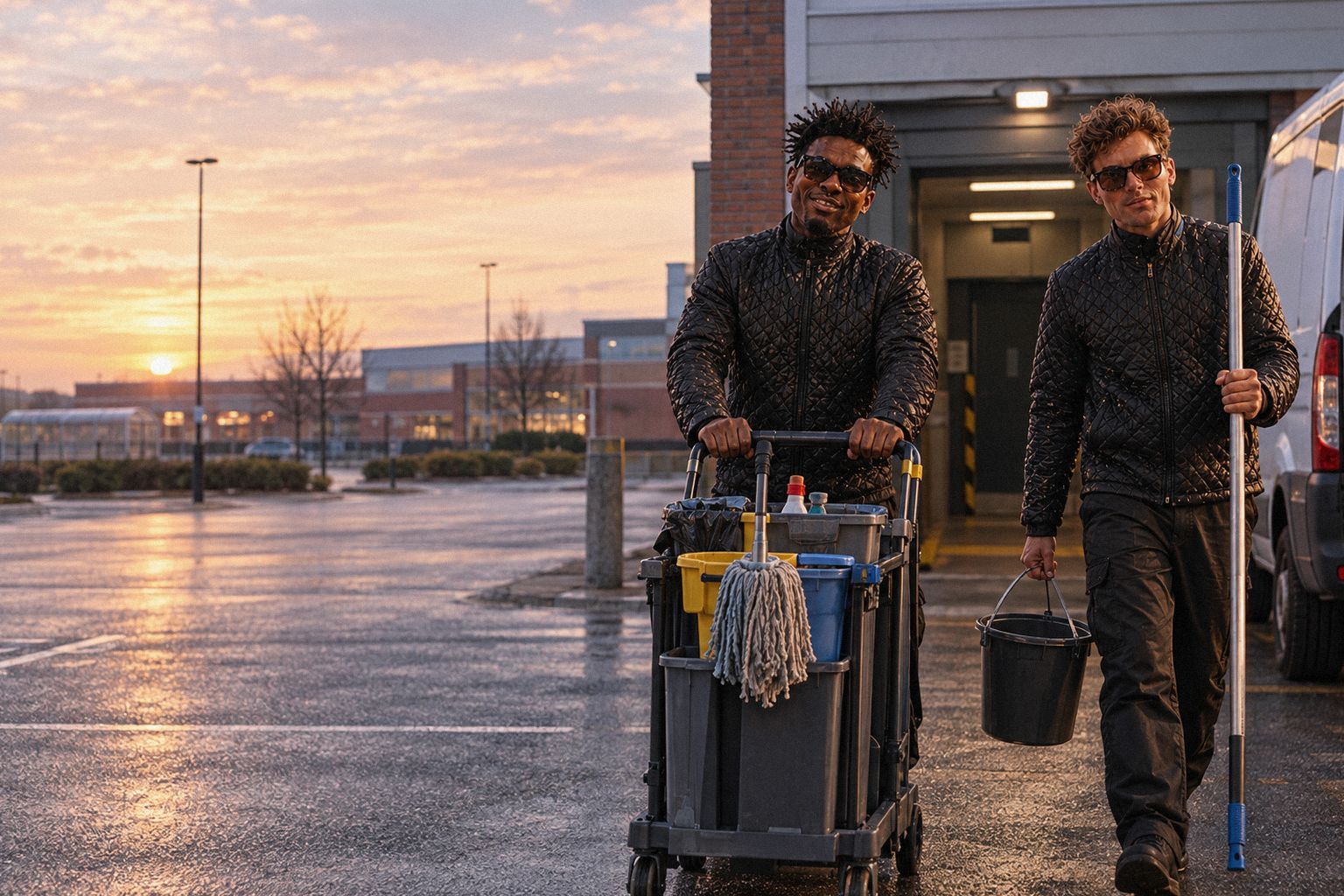 The two WolfX characters wheel a cleaning trolley to a van at dawn.