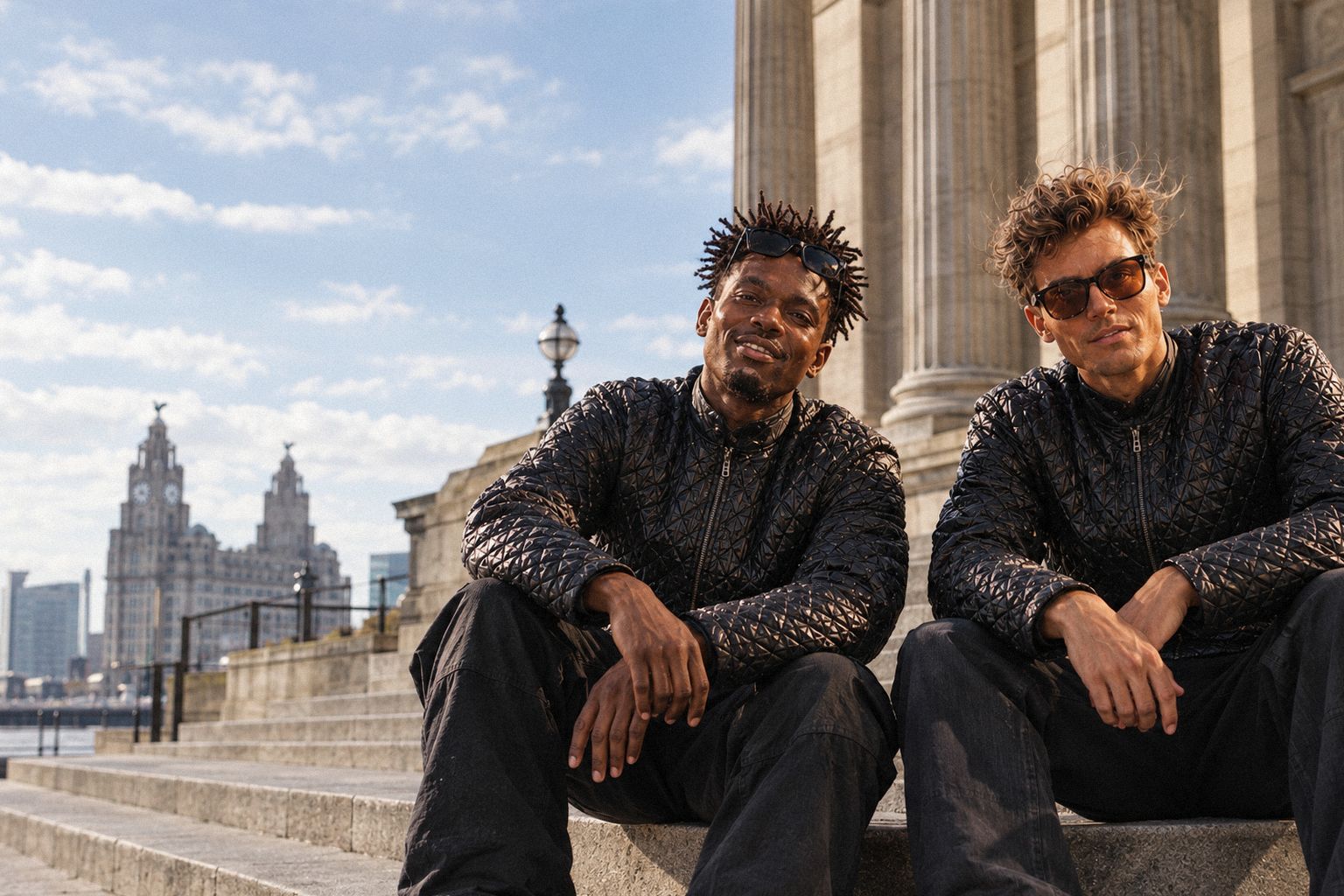 The two WolfX characters sit on museum steps in Liverpool on a bright, windy afternoon.