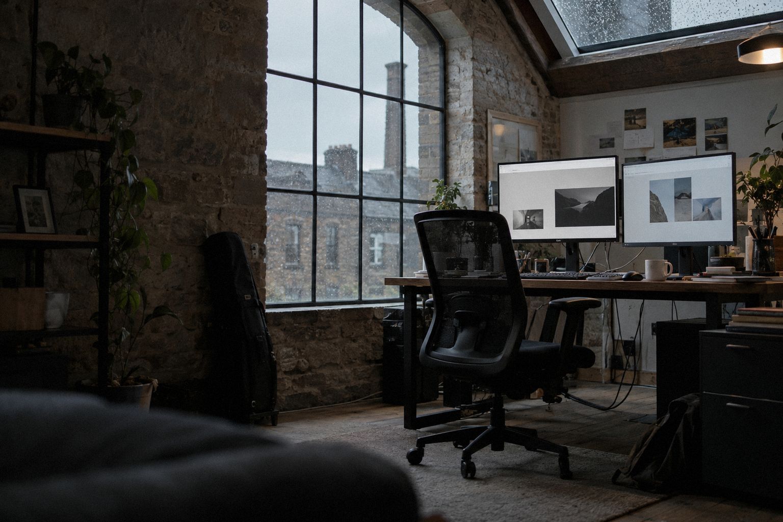A developer's desk in an old mill, rain on the skylight.