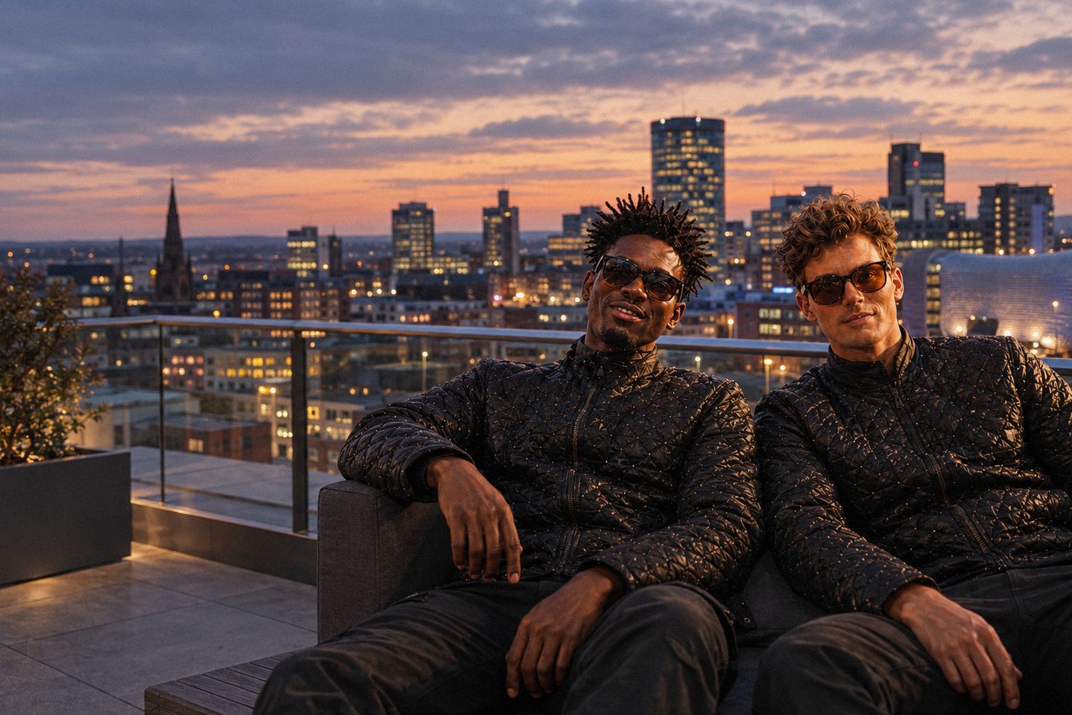 The two WolfX characters stand on an office rooftop in Birmingham at dusk.