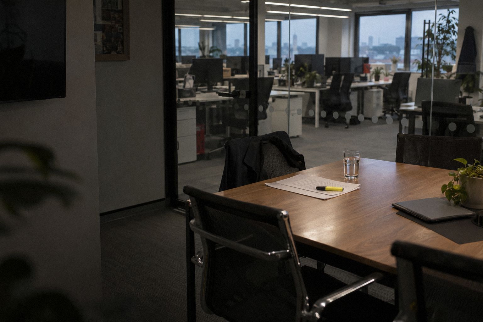 A glass meeting room at 5.30pm, a printed letter and a highlighter on the table.
