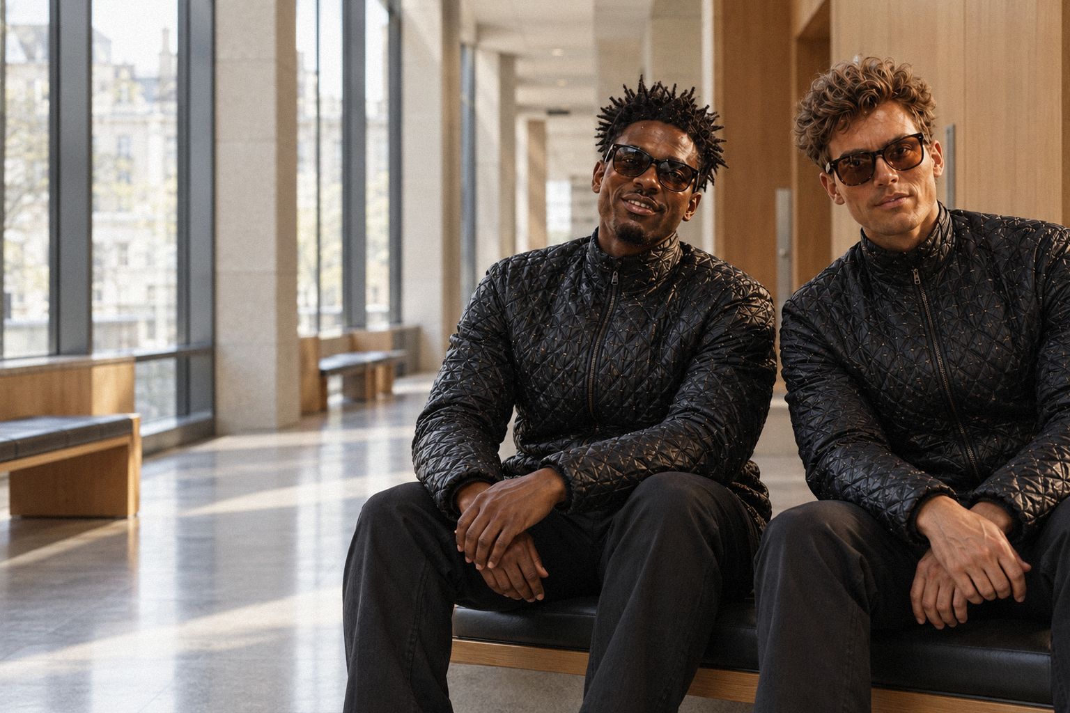 The two WolfX characters walk along a bright corridor in a modern court building.