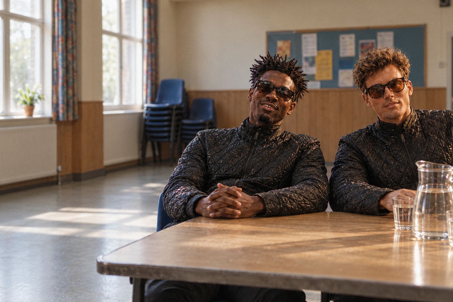 The two WolfX characters sit at a table in a quiet meeting room in the morning.