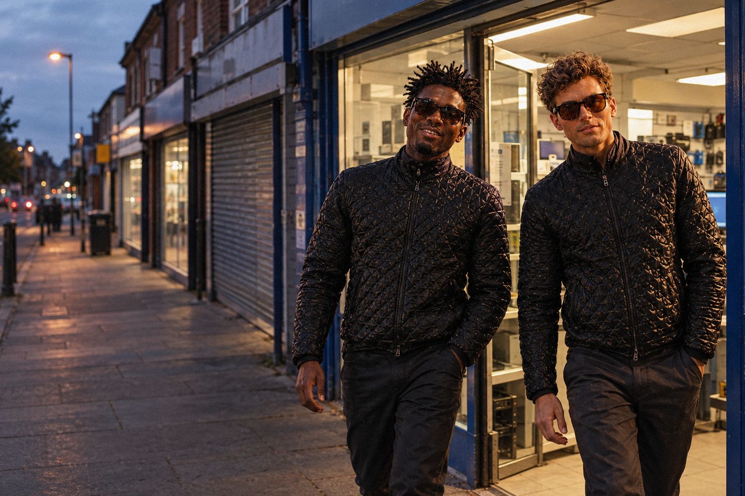 The two WolfX characters leave a computer-repair shop on a parade at night.