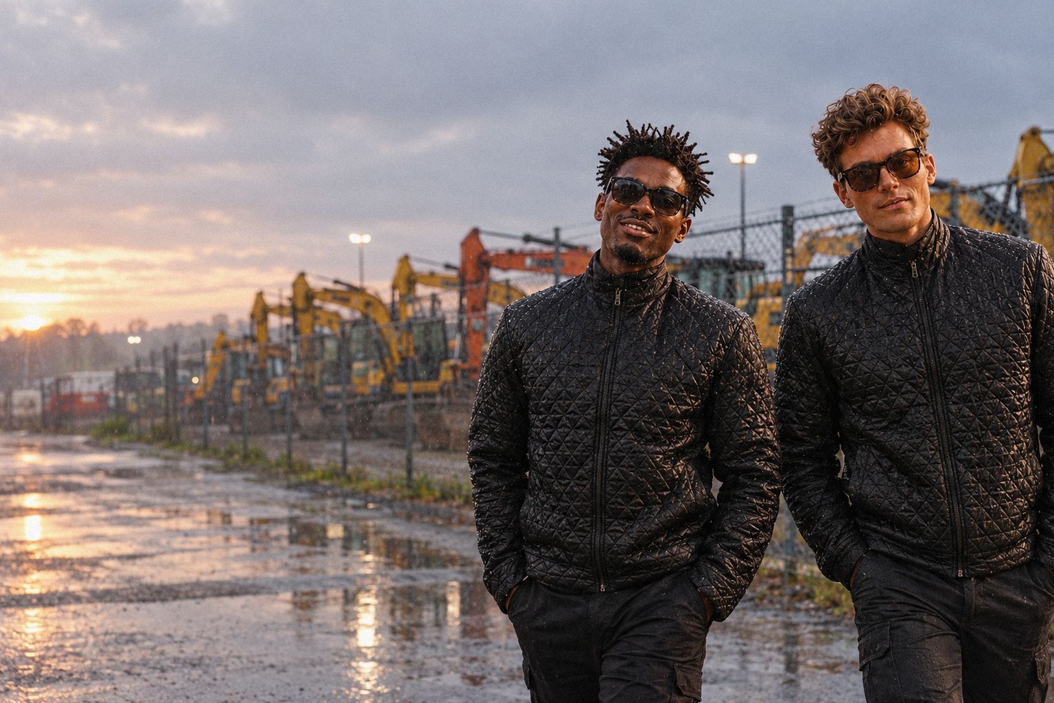 The two WolfX characters walk past a plant-hire yard at dawn in the drizzle.
