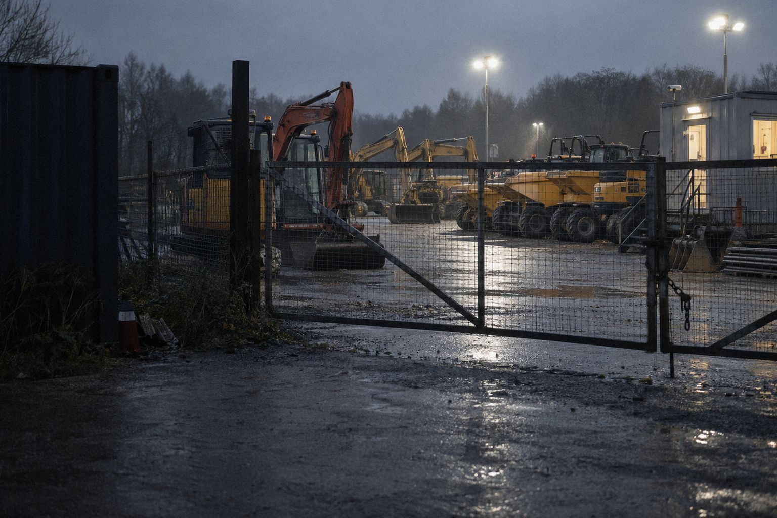 A plant-hire yard at dawn in drizzle, seen through a chained gate.