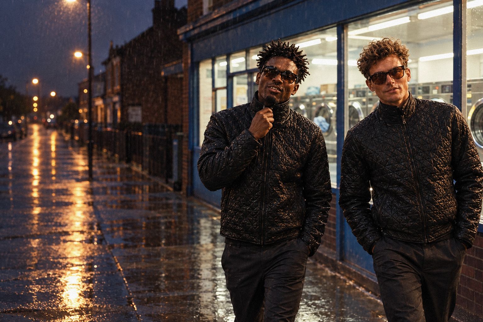 The two WolfX characters walk past a lit launderette on a rainy night.